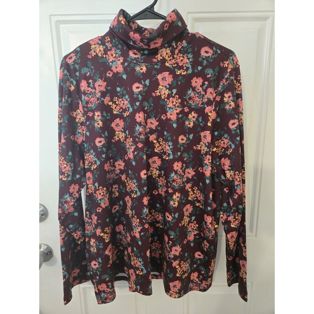 L.L. Bean  Women’s Turtleneck  Flower Top Size 2X-plus Wine Cotton Long Sleeve